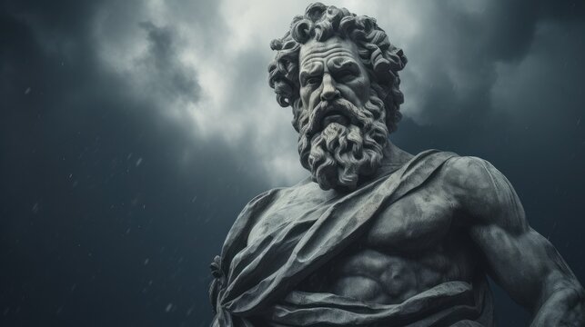 muscular statue of a greek philosopher on a cloudy background
