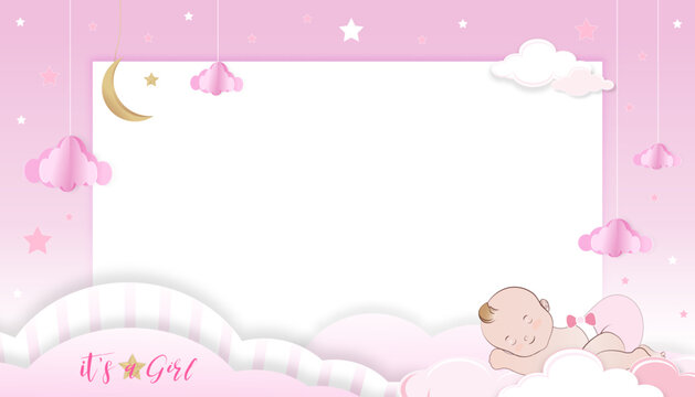 Baby Shower Background,Cute baby girl sleeping on cloud on blue background,Vector Paper cut cloudscape,crescent moon and stars on  skym,Banner or Birthday Card with copy space for baby's photo