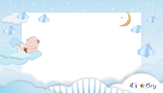 Baby Shower Background,Cute little boy sleeping on cloud on blue background,Vector Paper cut cloudscape,crescent moon and stars on  skym,Banner or Birthday Card with copy space for baby's photos