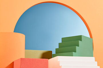 Staircases displayed with podiums in cylinder and square shaped. Blue background. Pedestal or...