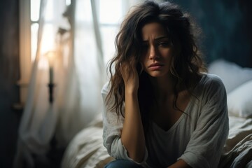 Sad and crying female, Woman Suffering From Depression Sitting On Bed. - obrazy, fototapety, plakaty
