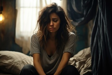 Obraz premium Sad and crying female, Woman Suffering From Depression Sitting On Bed.