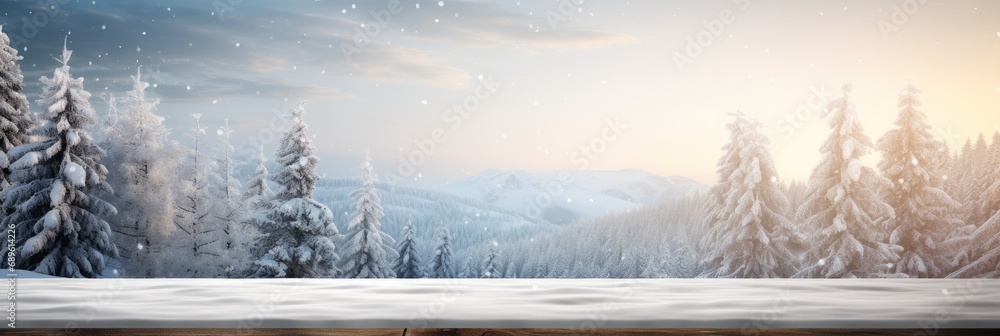 Poster Empty top wooden table with blur background of beautiful winter, Background snowfall.
