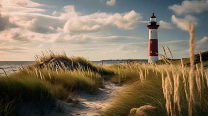 sand dune beach with ocean, grass and lighthouse - obrazy, fototapety, plakaty