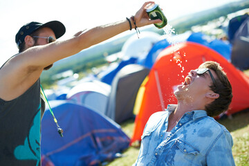 Beer, festival or drunk friends drinking together, alcohol beverage or outdoor social event. Summer...