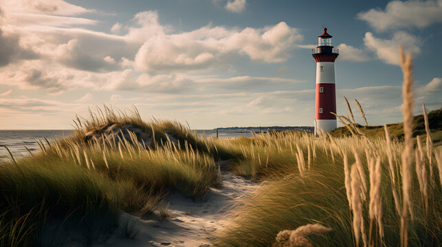 sand dune beach with ocean, grass and lighthouse