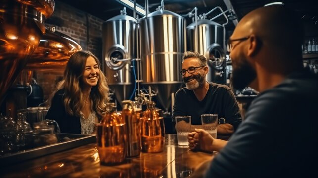 Group of people tasting beer, Friends enjoying a fine beer at a local brewery.