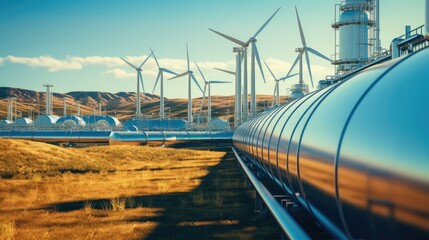 Hydrogen pipeline with wind turbines in the background.