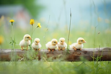 group of yellow ducklings sitting on a farm fence