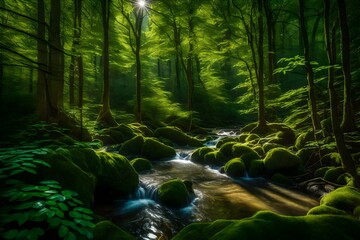 Fototapeta na wymiar Green forest in sunlight with forest stream generative ai technology