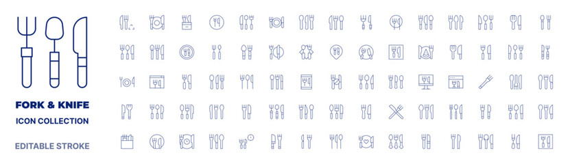 Fork and knife icon collection. Thin line icon. Editable stroke. Editable stroke. Fork and knife icons for web and mobile app.