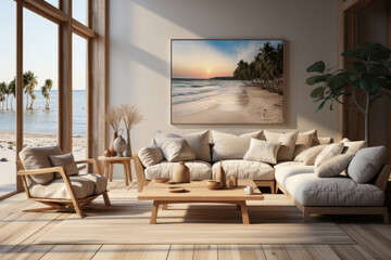 Living room with panoramic views of the sea. Generative AI.