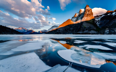 Winter's Embrace, A Majestic Frozen Lake with Intricate Ice Cracks,
