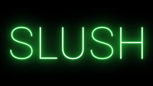 Flickering neon green glowing slush sign animated black background	
