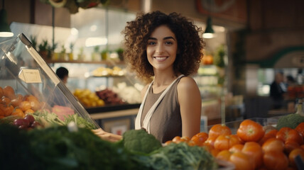 seller woman working in vegetable shop. Looking at the camera