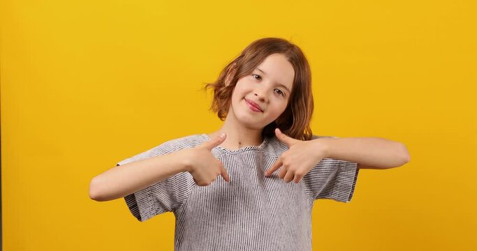 Portrait happy girl teenage, pointing finger on herself