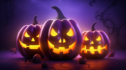 Halloween pumpkins and bats on neon gradient background