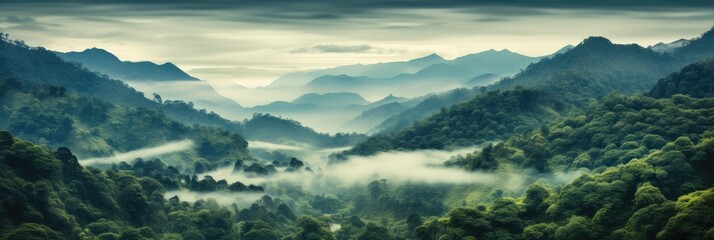 Foggy landscape in the jungle, Fog and mountain tropic valley landscape, Aerial view.