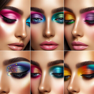 Set of images of women with colorful makeup. Beauty concept. AI generated