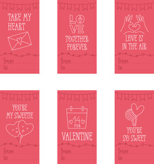 Fototapeta na wymiar Valentines Day printable gift tags template in doodle style, hand-drawn love theme icons and quotes. Romantic mood, cute symbols and elements collection.
