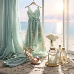 A serene seaside setting with a stylish dress on a hanger, matching high heels and laid out perfumes near a billowing curtain