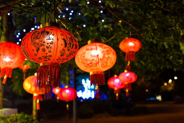  Many red lanterns with vietnamese language translated as "Happy New Year" hanging in Vietnam for Tet Lunar New Year