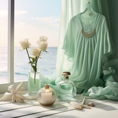 Chic perfume bottles on a table with elegant floral dress and white roses, with a seaside view