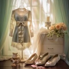 Delicate bridal robe with lace, complemented by a vintage tea set, shoes, and roses against a window backdrop