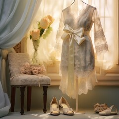 Sophisticated bridal robe and shoes arrangement by a window, with warm light casting an intimate glow
