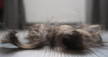 Hair cutting, wisps of hair falling on floor, close-up, side view, indoors. Concept of hair salon, cut long hair, remove interfering.