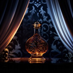 Ornate perfume bottle on a dark background with elegant blue backlighting creating a mysterious atmosphere
