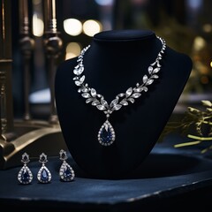 An extravagant jewelry set featuring a necklace and earrings with sapphire and diamond accents displayed elegantly
