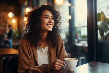 Happy young smiling Asian woman with long curly hair sits in the restaurant and drinking coffee