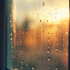 Radiant morning sunlight pierces through a rainy window, casting a warm glow on water droplets