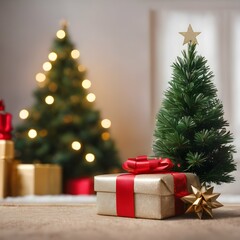Greeting card for Christmas and New Year with a small Christmas tree and a gift
