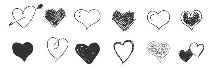 Handdrawn rough marker hearts. Black heart hand drawn. Icon cute doodle. Romance and love illustrations. Loving cute sketched hearts drawing elements for greeting cards or valentines day vector design - obrazy, fototapety, plakaty