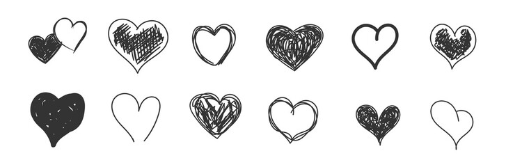 Handdrawn rough marker hearts. Black heart hand drawn. Icon cute doodle. Romance and love illustrations. Loving cute sketched hearts drawing elements for greeting cards or valentines day vector design
