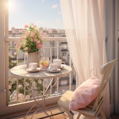 Fototapeta na wymiar Picturesque balcony setting with floral decor, a round table with morning tea, overlooking the city