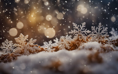 Obraz na płótnie Canvas Closeup on snowflakes on the ground, with a winter defocused background