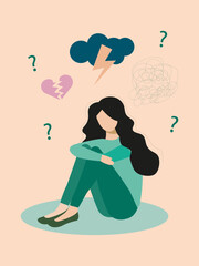 
Illustration depicting a sad girl sitting on the floor, thoughts of a broken heart, questions and experiences. Psychology