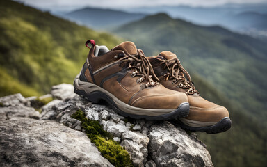 Closeup photograph of hiking shoes at the top of a mountain cliff, with mountain defocused Background - obrazy, fototapety, plakaty