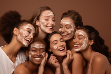 Skin care concept - diverse group of females laugh and do skin care routine, beige background