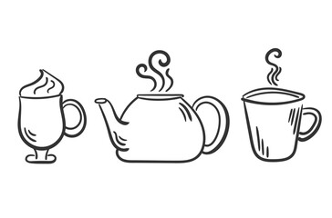 Symbols of glasses of hot drinks on white background. Fragrances evaporate icons. Smells line icon set, hot aroma, smells or fumes. Coffee cup icon. Vector illustration doodle hand drawn