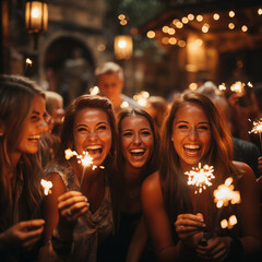 Obraz na płótnie Canvas Girlfriends celebrating Christmas. Girls holding burning sparklers in hand and celebrating. Generative AI