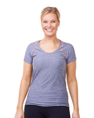 Fototapeta premium Woman, portrait and smile in studio for fitness, wellness and healthy body with training and exercise. Person, face and happy with confidence, sportswear and pride for workout on white background