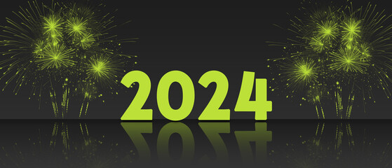 2024 - Celebrating the New Year with green numbers and fireworks.