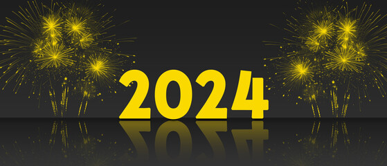 2024 - Celebrating the New Year with yellow numbers and fireworks.