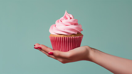 a lady hand holding a pink cupcake