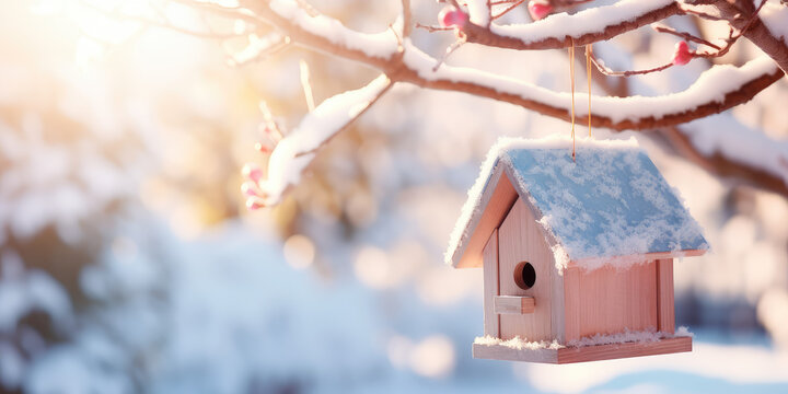 Cute minimal style Birdhouse on tree in sunny winter day. Homemade bird feeder, care about birds in cold winter time.
