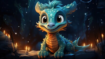 Cute Dragon in the wonderland forest at night, Chinese new year, AI generated